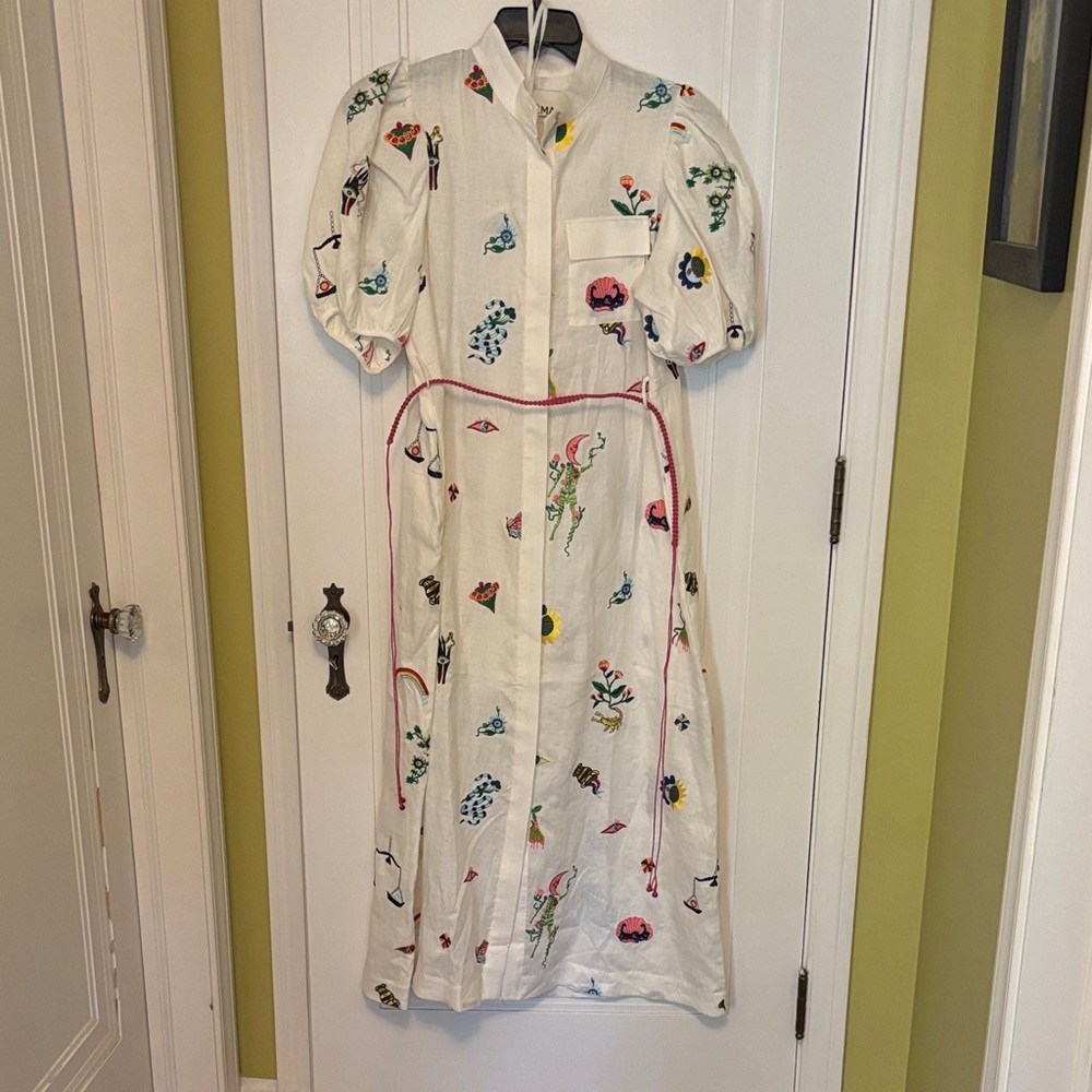 ALÉMAIS Floral Embroidered White 100% Linen Dress